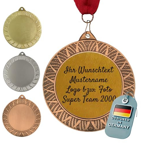 Premium Medaille aus Metall mit Gravur (Ø70 mm, 95 g, 3 mm dick) – mit Wunschtext / Foto – in Gold, Silber oder Bronze – für Kindergeburtstage, Fussball, Turniere & Vereine (mit Halsband, Bronze)