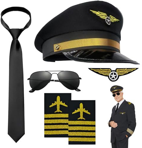 DTAOZFA 6 Stücke Pilot Kapitän Kostüm Zubehör, Flieger Kapitän Verkleidung Accessoires, Flieger Verkleidung Accessoires, Wird für Karnevalsfeiern, Rollenspiele usw. Verwendet (6, Schwarz)