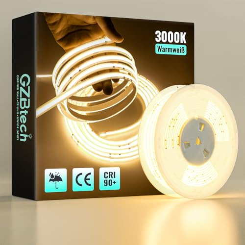 GZBtech 230V COB LED Streifen 20m 3000K warmweiß, CRI90+ selbstklebend Flexible silikon Lichtband, 1000lm/m Aussenbereich strip light für TV Hintergrundbeleuchtung schrank beleuchtung Schlafzimmer