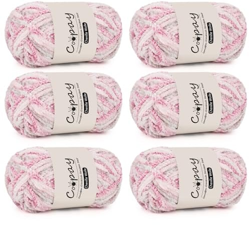 Coopay 6 x 100g Laine Chenille Crochet, Fil Épaisse et Moelleuse, Pelote Chenille Douce et Veloutée, Laine à Tricoter Idéale pour Crochet Tricot Pull, Couverture, Écharpe et Bonnet - Rose Amour