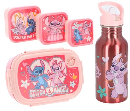 Stitch & Angel Lunchset Rosa Kinder Brotdose, Trinkflasche & 3 Snackboxen
