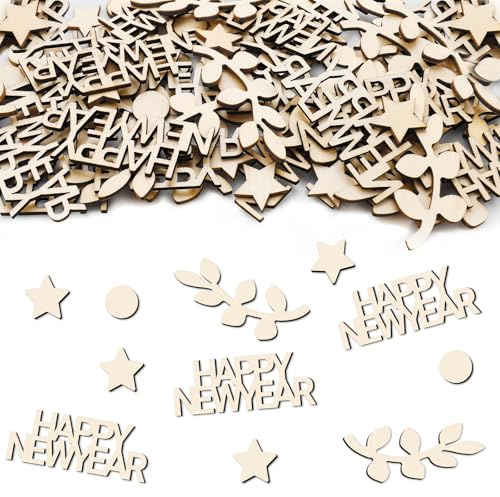 GoldRock Holz Streudeko Silvester Deko 2026 Konfetti Groß 1,5-6,5cm, 100 Stück Happy New Year Konfetti Silvester Tischdeko,Happy New Year Deko, Tischdeko Neujahr Party Decoration,Neujahrsdeko Confetti