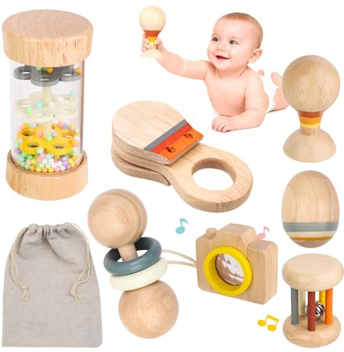 Montessori Babyspielzeug aus Holz, 7-teiliges Sensorikset, 0–12 Monate | Greifen, Schütteln, Rollen und Drehen, verschiedene Klänge und visuelle Entdeckungen, Stoffbeutel zur Aufbewahrung