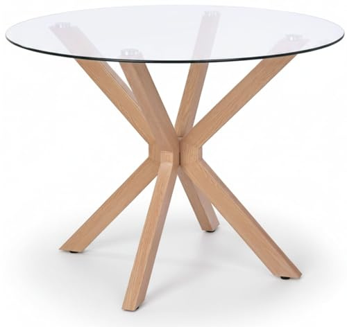 Noorsk Design Mesa Redonda Comedor - Patas Metálicas Acabado Efecto Madera - Mesa Comedor Redonda de 100 cm. Diámetro - Mesa Comedor Cristal Templado 8 mm. de Grosor