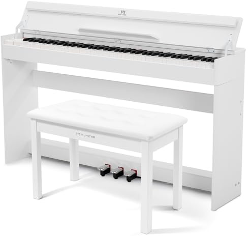 MUSTAR 88 Tasten Digitalpiano Set mit Klavierhocker und 3 Pedale, Weiß | E-Piano Set mit halbgewichteten Tasten, Möbel-Ständer, Lautsprecher, USB-MIDI, 800 Töne und 600 Rhythmen für Anfänger