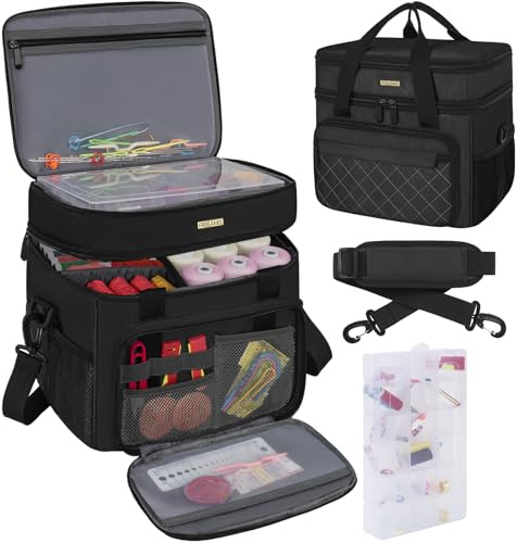 Double-layer Sewing Baskets with Removable Tray & Shoulder Strap, Jet Black | Large Capacity, Sewing Storage Bag, Travel Storage Case, for Stitching Tools, Sturdy, Durable, Fashion