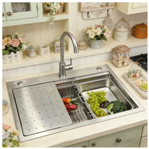 Fregadero Cocina 65x50cm, Fregadero de Acero Inox 304, Fregadero Cocina 1 Seno, Con Fregadero Interior de Repuesto, Tabla de Cortar, Sifón, Juego de Desagüe y Descarga, Kitchen Sink