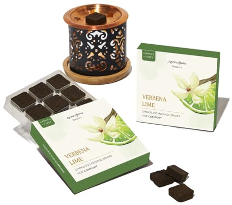 Verbena Lime Smokeless Bricks with Lime & Taj Burner, Aromafume | 2 x 9 Bricks | Ideal for Mood Upliftment & Positivity | Natural, Smokeless, Non-Toxic