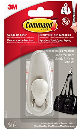 Command Gancho Mediano Metálico, Níquel Pulido - 1 Gancho y 2 Tiras Adhesivas - Colgador de Bolsos, Ropa y otros Accesorios en Pared o Puerta - Sin Agujeros - Soporta hasta 1,3 kg