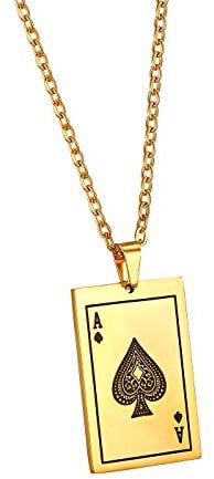 JewelryWe Schmuck Herren Halskette, Edelstahl Pik Ass Poker Karte Anhänger mit 55cm Kette, Karten-Spiel Geschenk für den Freund/Ehe-Mann/Männer, Gold Schwarz