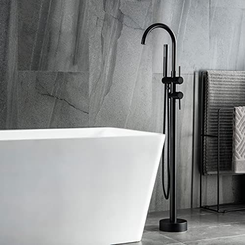 Freistehende Badewannen-Wasserhahn, Wasserfall-Füller, Bodenmontage, Badezimmer-Armaturen, Messing, Einzelgriff mit Handbrause, hoher Durchflussmenge, mattschwarzer Wasserhahn, lang (Schwarz Nickel)