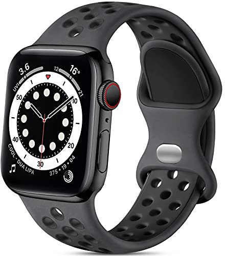 Epova Correa Deporte Compatible con Apple Watch 42mm 44mm 45mm 46mm 49mm, Mujeres Hombres Pulsera de Silicona Transpirable para iWatch SE Series 10 9 8 7 6 5 4 3 2 1, Carbón/Negro, Pequeño