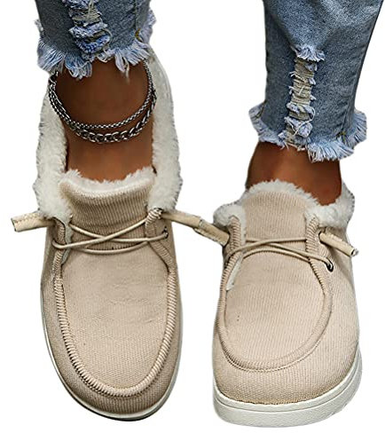 Osheoiso Warme Schuhe Damen Winter Outdoor Schuhe Freizeitschuhe Flache Schuhe Lässige Plüsch Fleece Schuhe Loafers Mokassins Slipper Schneestiefel Runde Zehe Stiefeletten A Khaki 41 EU