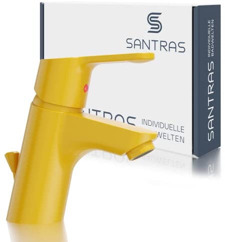 SANTRAS® Waschtischarmatur für das Bad mit Zugstange in Gelb (RAL 1004) – Einhebel-Mischarmatur warm kalt für ein Loch Waschbecken Wasserhahn MADE IN GERMANY
