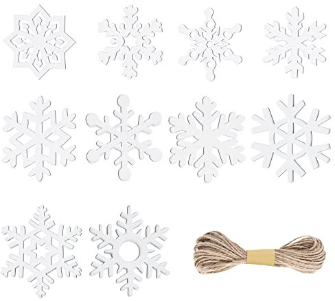 EKKONG 100 Stücke Kleine Anhänger Holz, Holz Schneeflocke Anhänger, Anhänger Holz Weihnachten, Weihnachtsdeko Holz mit Hanfseil, DIY Basteln Holzanhänger für Weihnachtsbaumschmuck Weihnachtsdeko