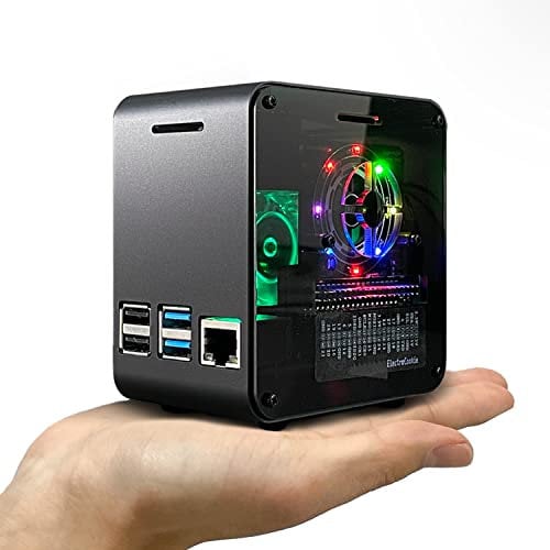 ElectroCookie Raspberry Pi 4 Gehäuse, Aluminium-Mini-Tower-Gehäuse mit Lüfter und farbwechselndem Umgebungslicht (mattschwarz und dunkelgrau)