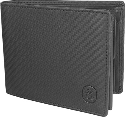Geldbörse Herren Leder Schwarz Carbon mit Geschenkbox aus Holz - Portemonnaie Geldbeutel Echtleder für Männer - RFID Wallet Men - Brieftasche Querformat echtes Leder (Schwarz Carbon)