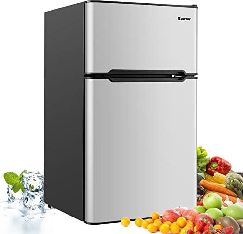 COSTWAY Réfrigérateur à Double Porte 90 L, Réfrigération Rapide, Économie d'énergie, Réfrigérateur en Métal avec 7 Niveaux de Température, 48,5 x 49,5 x 86 cm (Gris)