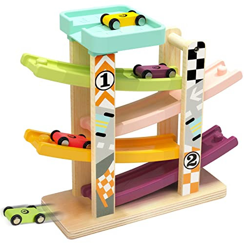 TOP BRIGHT Rampe de voiture en bois pour garçon de 1 à 2 ans, cadeau de premier anniversaire pour un jouet de voiture de deux ans, jouets pour bébé de 12 à 18 mois avec 4 mini voitures – Assemblage