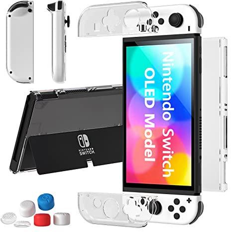 Funda Dockable Compatible con Nintendo Switch OLED Modelo 2021, Switch OLED Case Clear, Soft TPU Joy-con Mango Cover and Hard PC Funda Protectora para Nintendo Switch OLED con 6 Tapas de Joystick