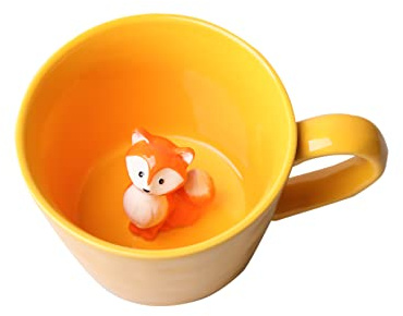 DIHOclub Fox Ceramic Cup Hidden 3D Animal Inside Mug,Cute Cartoon Handmade Figurine Mugs,Holiday and Birthday Gift for Coffee Milk Tea Lovers,12 OZ(Yellow)