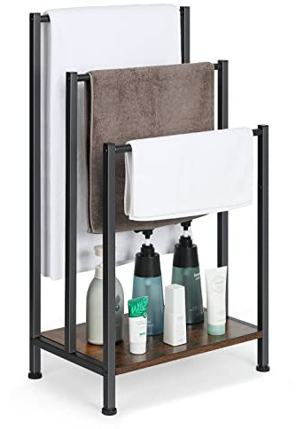 Freistehender Handtuchständer, Badetuchhalter mit 3 stangen, Rustikalem Braunem Holzregal, Industrieller Handtuchhalter, für Wohnzimmer, Badezimmer, Badetücher, Kleidung, Decken (43cm*29cm*82cm)
