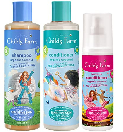 Childs Farm, Kids Hair Coco-Nourish Regime Bundle, Shampoo 250ml, Conditioner 250ml and Leave-in Conditioner 125ml, Dry, Curly and Coily Hair