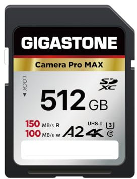 [5 anni di recupero dati gratuito] GIGASTONE A2 Scheda Memoria SDXC 512GB, 4K Camera Pro, Velocità 150/100MB/s Fotocamera Canon Nikon Sony Panasonic, U3 UHS-I Classe 10 4K UHD Video, 1 Mini Custodia