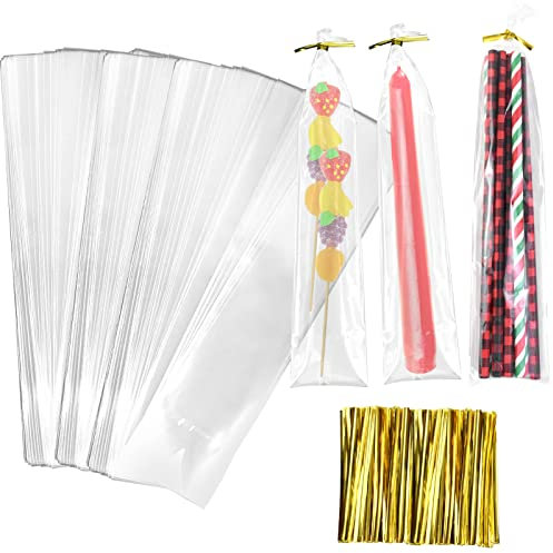 300 Stück Cellophantüten Klar, 25 x 5cm Plastiktüten Cellophantüten Zellophantüten Geschenktüten Transparent Süßwarenbeutel Zellophanbeutel Lang Süßigkeiten Tütchen Kerzentüten mit 300 Twist Bindungen