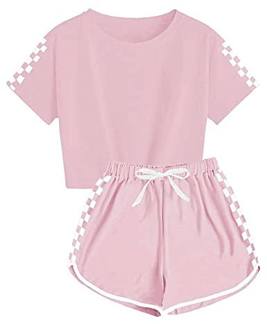 Echinodon Mädchen Sport Set 2tlg Schnelltrockend T-Shirt + Shorts Freizeitanzug Trainingsanzug für Jogging Yoga Sommer Rosa 140