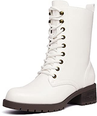 DREAM PAIRS Stivali da Stringati a metà Polpaccio da Donna Scarpe Autunno Inverno Comodi Stivali da Combattimento alla Moda con Cerniera da Donna,Size 42,Bianco,DMB214-E