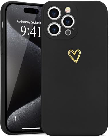Wirvyuer Kompatibel mit iPhone 15 Pro Max Handyhülle Mädchen Hülle Gold Liebesherz Weich Silikon Case Süßes Gold Love Slim Stoßfest Schutzhülle für iPhone 15 Pro Max Schwarz