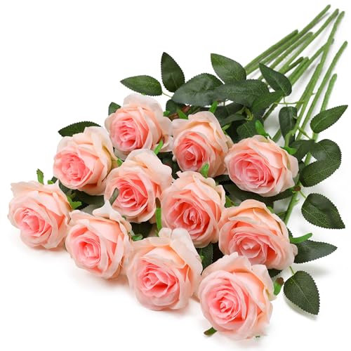 Tifuly Pink Fake Roses Artificial Flowers - 10 Pcs Fake Artificial Champagne Pink Roses Silk Flowers with Stems for Home Wedding Hotel Office Centerpiece Decor