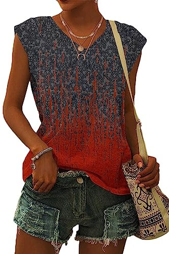 WNEEDU T-Shirt Damen Sommer V Ausschnitt Tank Top Locker Bluse Oberteile Top Sommer Damen Leicht und Luftig mit Flügelärmeln Farbstoff Graurot L