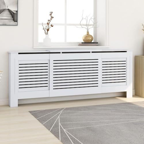 ARKEM MDF Radiator Cover White 205 cm,Radiator Cover White Modern MDF Vertical Slats Wood Decorative Cabinet for Living Room Bedroom Hallway, Large