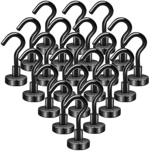 FPMYB 22 Stück Magnet Haken Schwarz, 10kg Magnethaken Extra Stark 16 mm Neodym Magnethaken, Super Starke Magnete mit Haken, Neodym Magnete Haken für Kreuzfahrt, Grill BBQ, Küche, Gadgets,Büro