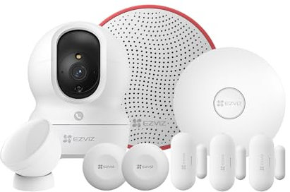 EZVIZ Système d'Alarme WiFi avec Caméra de Surveillance WiFi Intérieure, Kit d'Alarme de Sécurité 9 Pièces, Capteur d'Ouverture/Fermeture, Capteur de Mouvement PIR, Sirène 105dB, Boutons Intelligents