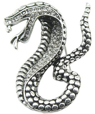 Broche rétro en forme de serpent cobra avec strass en oxyde de zirconium - Accessoire de costume vintage punk - Boutonnière pour chapeau, cravate, écharpe - Pour homme et femme - Art déco, Métal,
