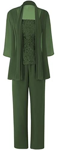 JAEDEN Brautmutter Anzug für Hochzeit - 3 Teilig Chiffon Mutter der Braut Abendanzug Festlich Hosenanzug mit Jacke Dunkelgrün 46