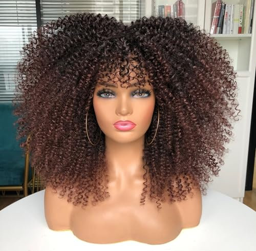 CoCrowns Perruque afro crépue bouclée avec frange pour femme noire, sans colle, complète et moelleuse comme une bombe (T1B/33)