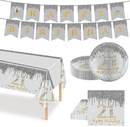 POPOYU 38Pcs Sliver and Gold 21st Birthday Tableware Set, Happy 21st Birthday Party Dinnerware, Paper Plates 9 Inch Napkins Table Cloth Banner for Boys,Girls,Men,Women,Her,Him Gifts Party Supplies