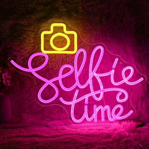 Selfie Time Neon Sign LED Yellow Camera Pink Neon Light For Wall Decor Dimmable USB Powered Light Up Sign for Photographic Studio Bedroom Photography Lover Room Party Gifts (16.7 * 12.8In)