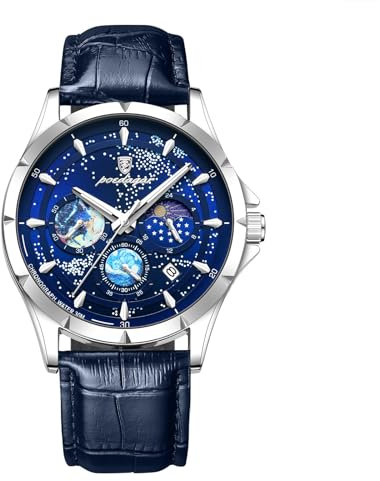 JewelryWe Herrenuhr Echtleder Uhr Herren: 30m Wasserdicht Chronograph Kalender Analog Quarz Armbanduhr Männer Blau Leder Armband Multifunktionale Uhr mit Leuchtzeiger und Sternenhimmel Zifferblatt