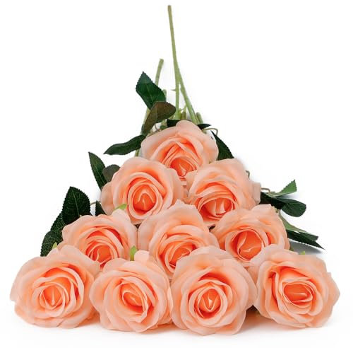 DuHouse 10er Set Künstliche Rosen aus Seidenstoff–54 cm Lange Stiele, Realistische Fake Blumen für Hochzeit, Brautstrauß, Party Tischdekoration & Haus Dekor(Pfirsichflaum)