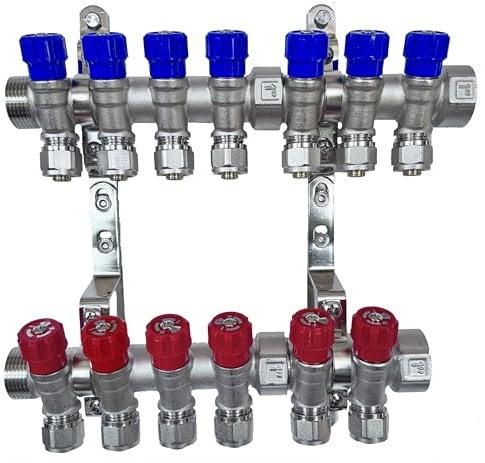 AQUA HEATING Wasserverteiler Set Verteiler Warmwasser Kaltwasser Trinkwasser Heizung Industrie Wasseranschluss Messing Vernickelt 1 Zoll 16x2 mm PEX 7 Wege Blau 6 Wege Rot
