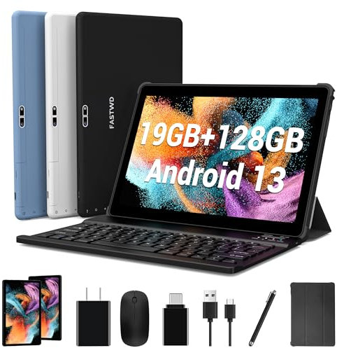 FASTWD 10 Zoll Tablet Android 13, 19GB RAM+128GB ROM, 5G WiFi, 8MP+13MP, 1280*800 Incell, 8000mAh, FaceID, Mit Tastatur, Maus, Holster, Stift, Grau