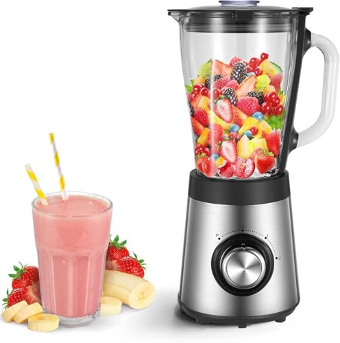 Standmixer, Smoothie Maker mit 1,5L Hitzebeständiger Glasbehälter, 2 Geschwindigkeiten + Pulsfunktion und Edelstahlklingen Mixer Smoothie Maker, 500W Sicherheitsdesign Blender