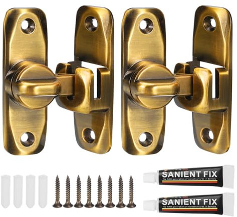 sourcing map 90/180 Degree Barn Door Lock, 2 Set No Drilling Zinc Alloy Flip Gate Sliding Latches, Portable Security Door Lock Latch for Kitchen Cabinet Push/Sliding/Barn Door, Brass