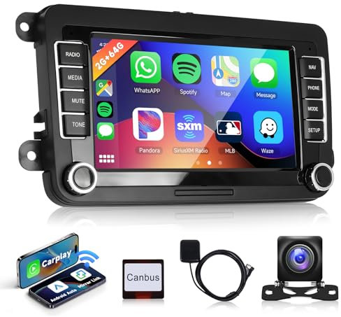 Podofo 2G+64G 7 HD IPS Touchscreen Android Car Stereo Radio for VW Polo Golf Passat SEAT, Wireless CarPlay, Wireless Android Auto, Bluetooth, GPS, WiFi, EQ, SWC, Backup Camera