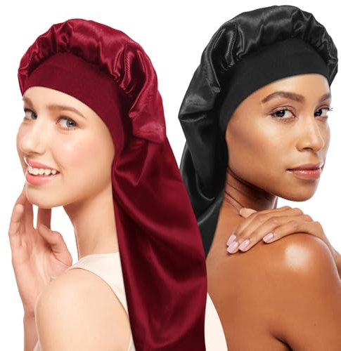 2 Pièces Bonnet long en satin pour fille, Bonnet de Sommeil Chapeau Nuit en Satin à Large Band Élastique Bonnets de Nuit Doux pour Femmes Cheveux Longs Cheveux Bouclés (Schwarz+Rot)
